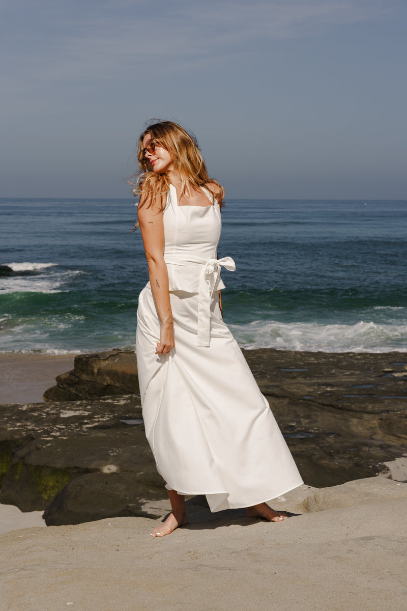 Piper Sleeveless Halter Waist Tie Top And High Waist Maxi Skirt Set White