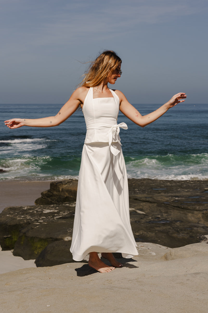 Piper Sleeveless Halter Waist Tie Top And High Waist Maxi Skirt Set White