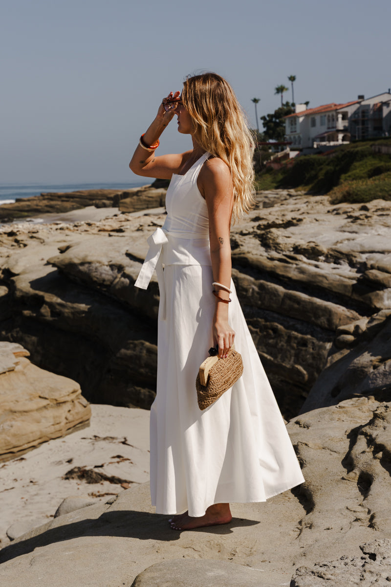 Piper Sleeveless Halter Waist Tie Top And High Waist Maxi Skirt Set White