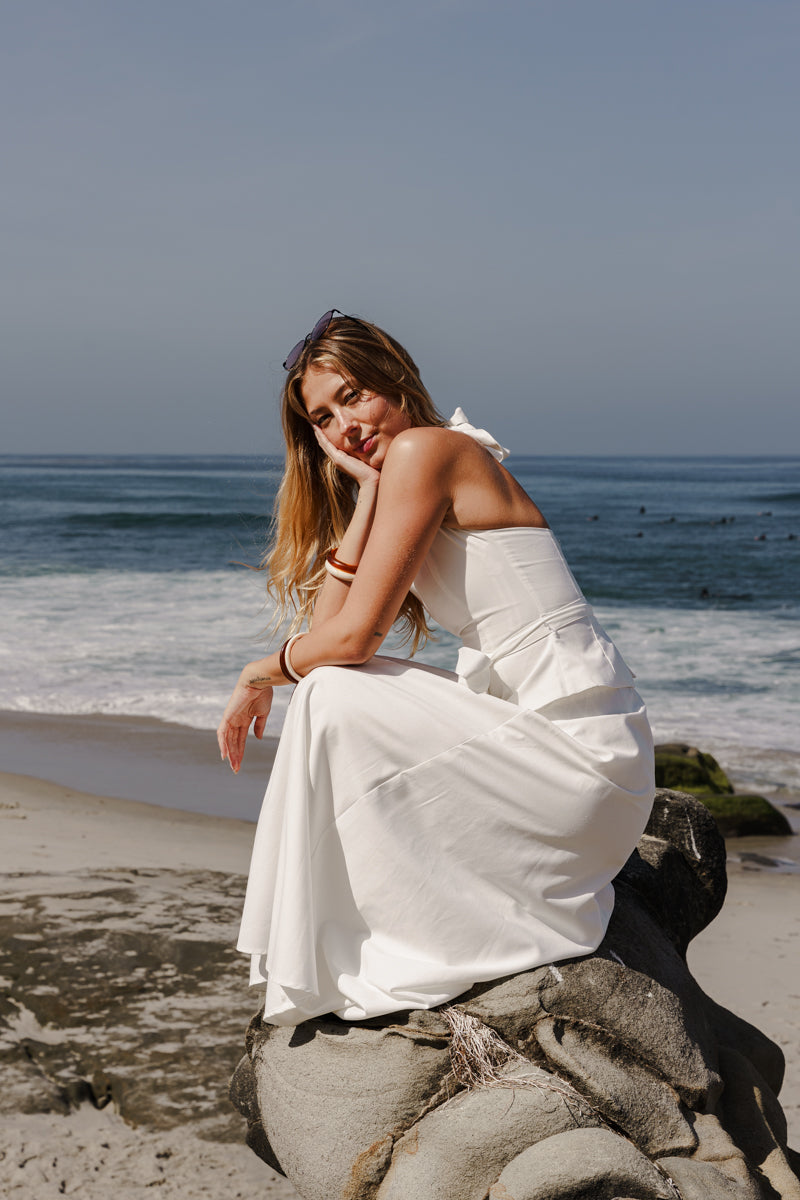 Piper Sleeveless Halter Waist Tie Top And High Waist Maxi Skirt Set White