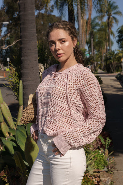 Bailey Long Sleeve Open Cable Knit Hoodie Sweater Pink