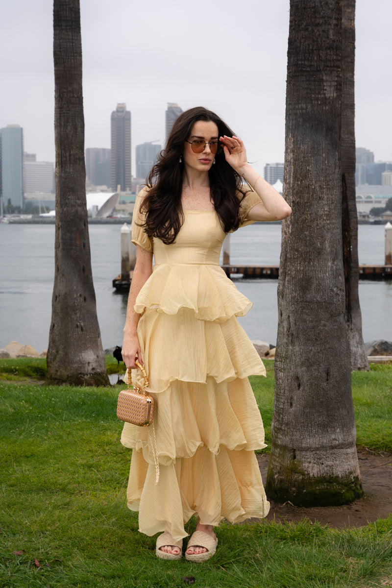 Eden Short Puff Sleeve Tiered Maxi Dress Yellow