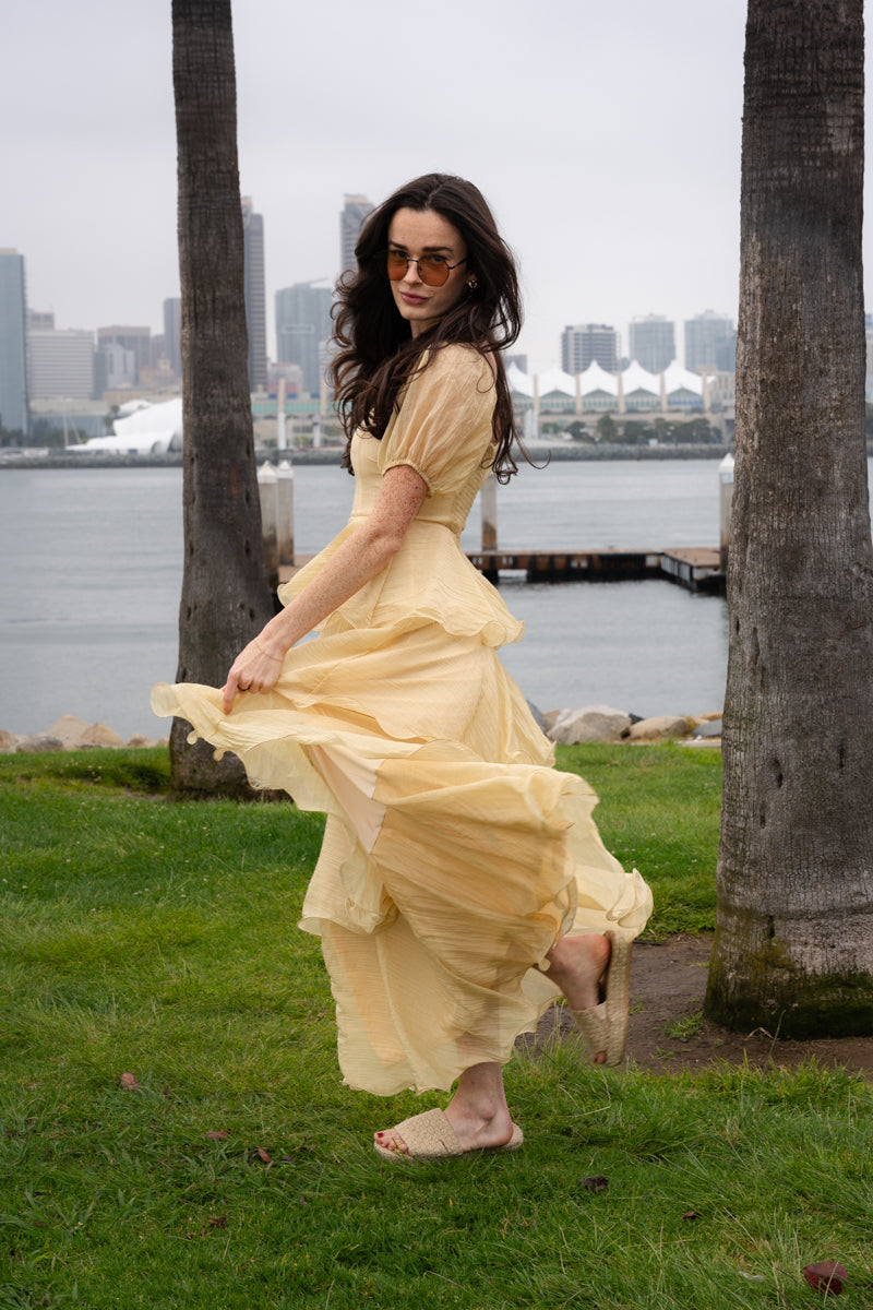 Eden Short Puff Sleeve Tiered Maxi Dress Yellow