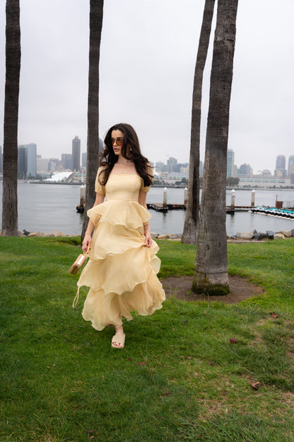 Eden Short Puff Sleeve Tiered Maxi Dress Yellow