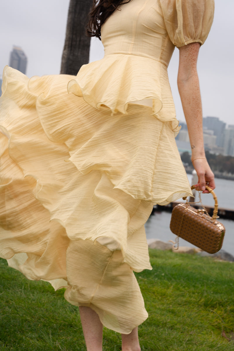Eden Short Puff Sleeve Tiered Maxi Dress Yellow