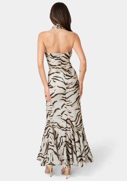 Printed Halter Flare Maxi Dress