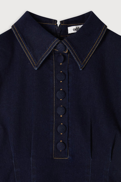 Cotton Mix Denim Collared Mini Dress
