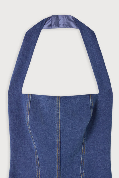 Cotton Mix Denim Halter Midi Dress