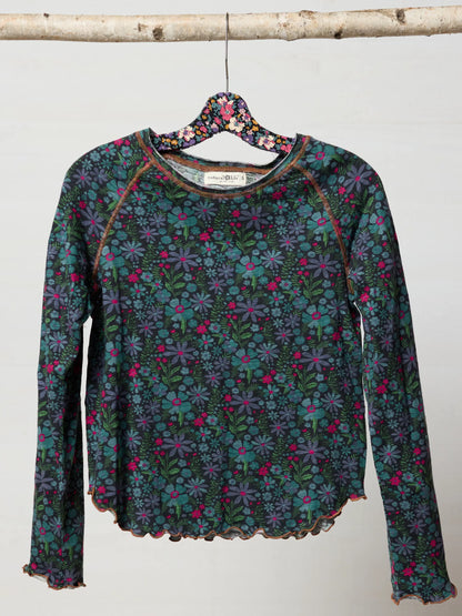 Lily Cotton Long Sleeve Tee Shirt - Dark Blue Garden