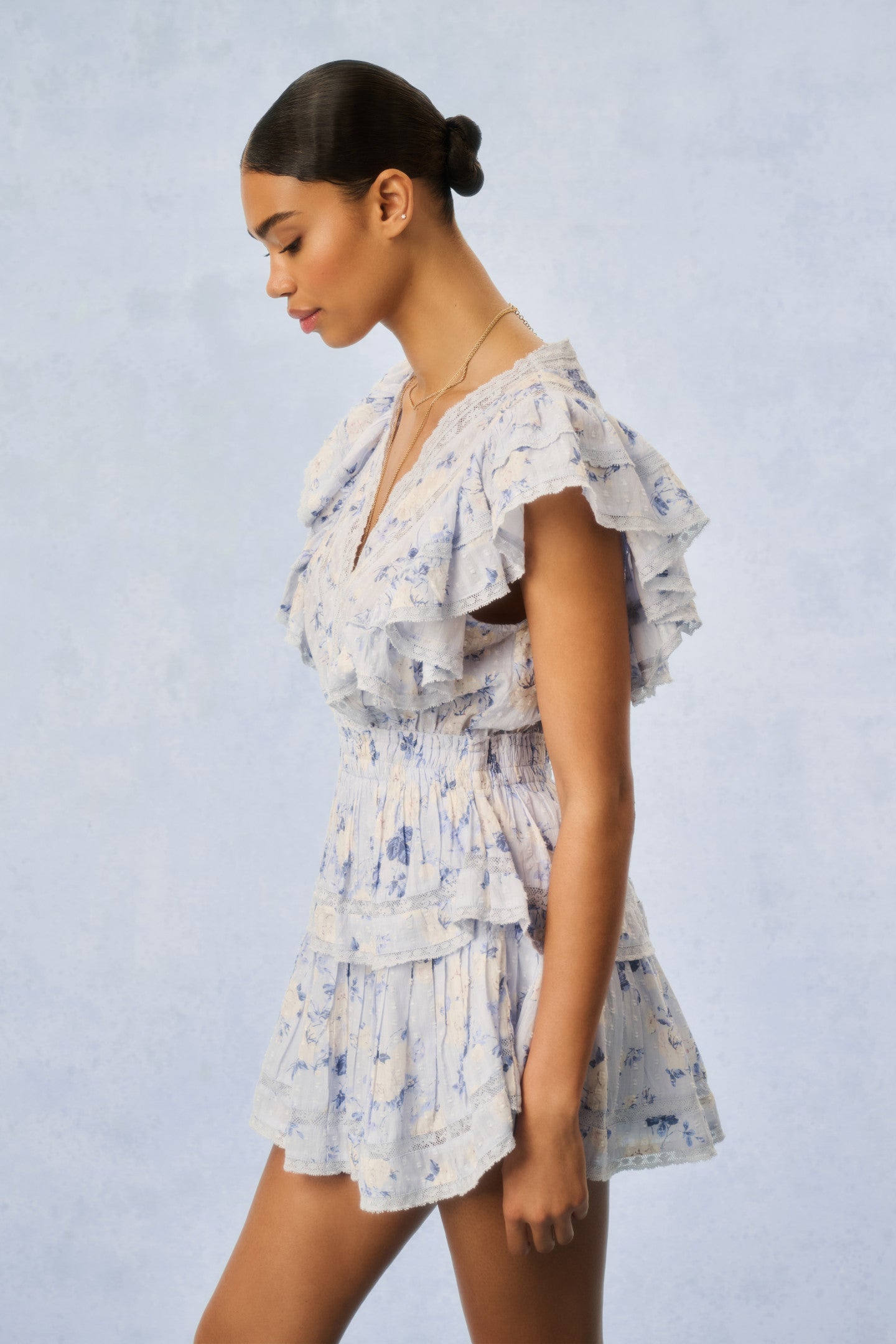 Gwen Fragrance Print Cotton Mini Dress - WHISPER BLUE