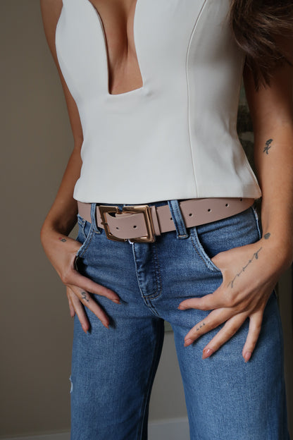 Sarah Double Metal Buckle Vegan Leather Belt Taupe