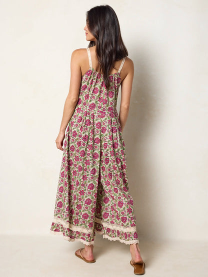 Cotton & Lace Jumpsuit - Cream Pink Lotus