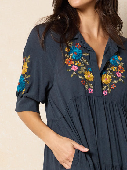 Rebecca Embroidered Midi Dress - Charcoal