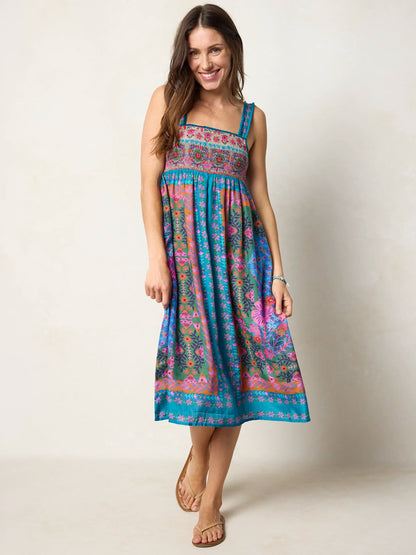 Spring In Your Step Midi Dress - Blue Folk Flower