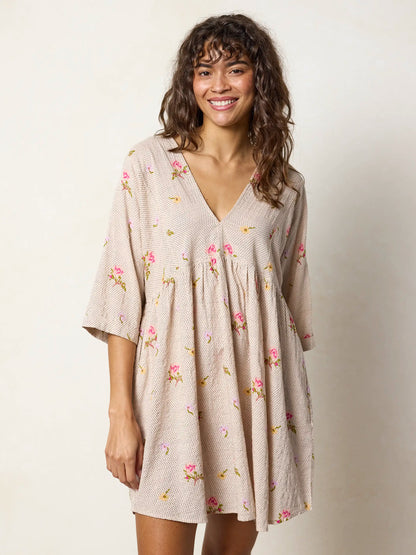 Stella V-Neck Mini Dress - Pin Dot Prairie Cream