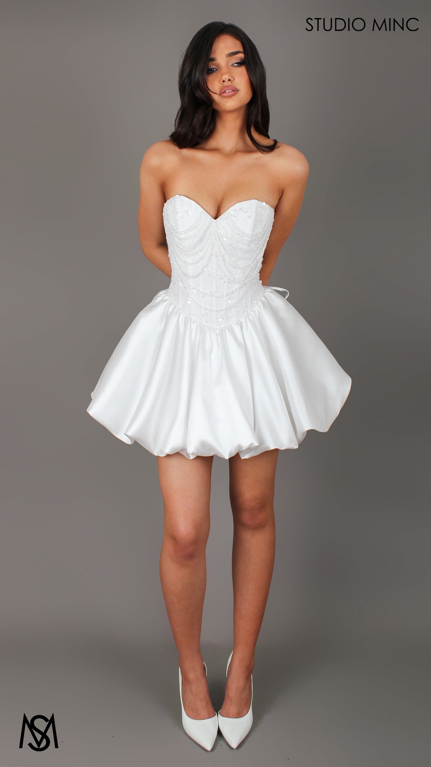 Lumi - White Bridal Mini Dress | Beaded corset, Drop waist Satin Bubble Party Dress