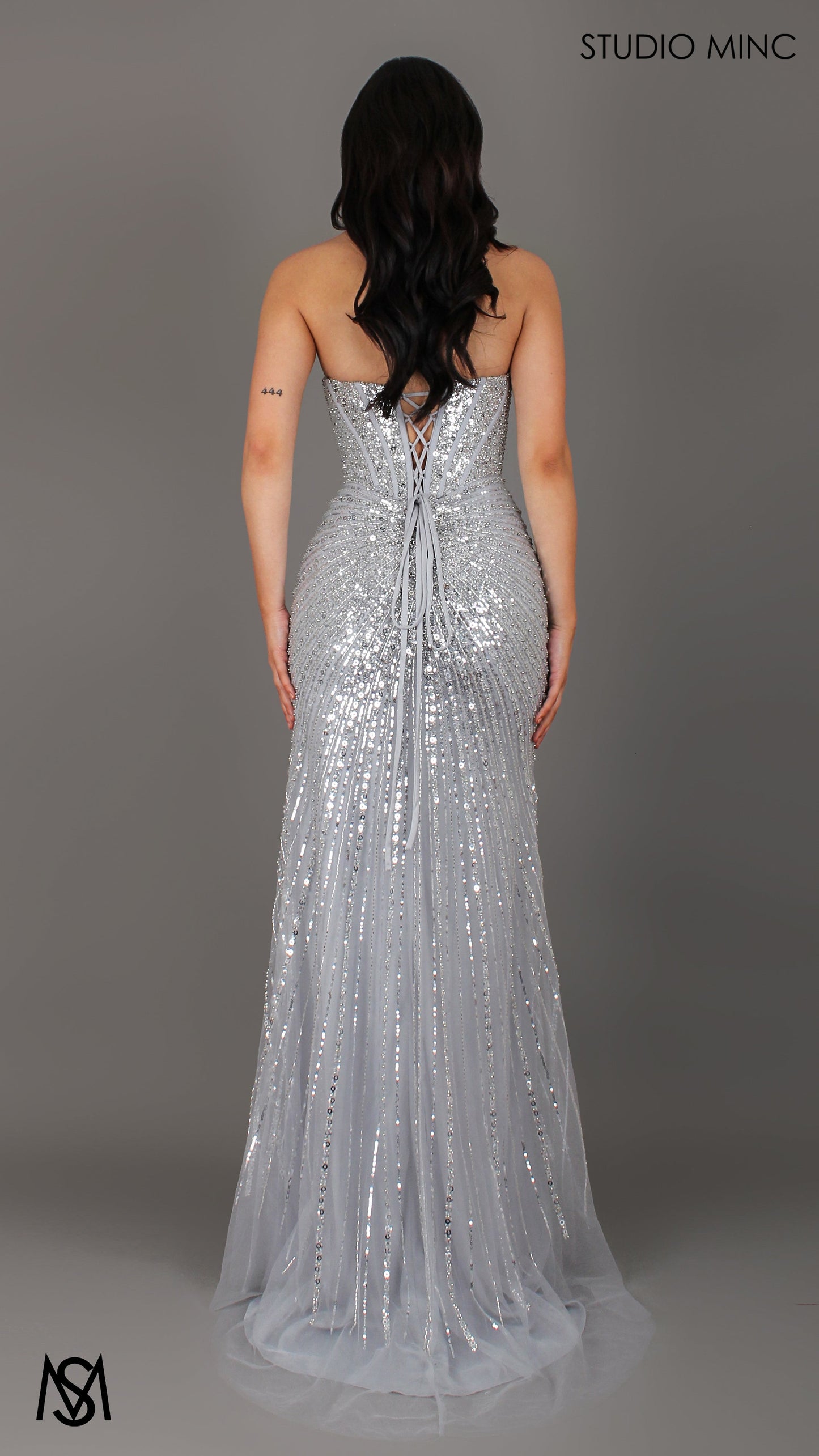 Mirage - Silver Formal Dress, Sparkly Strapless embellished Corset, fitted high leg slit