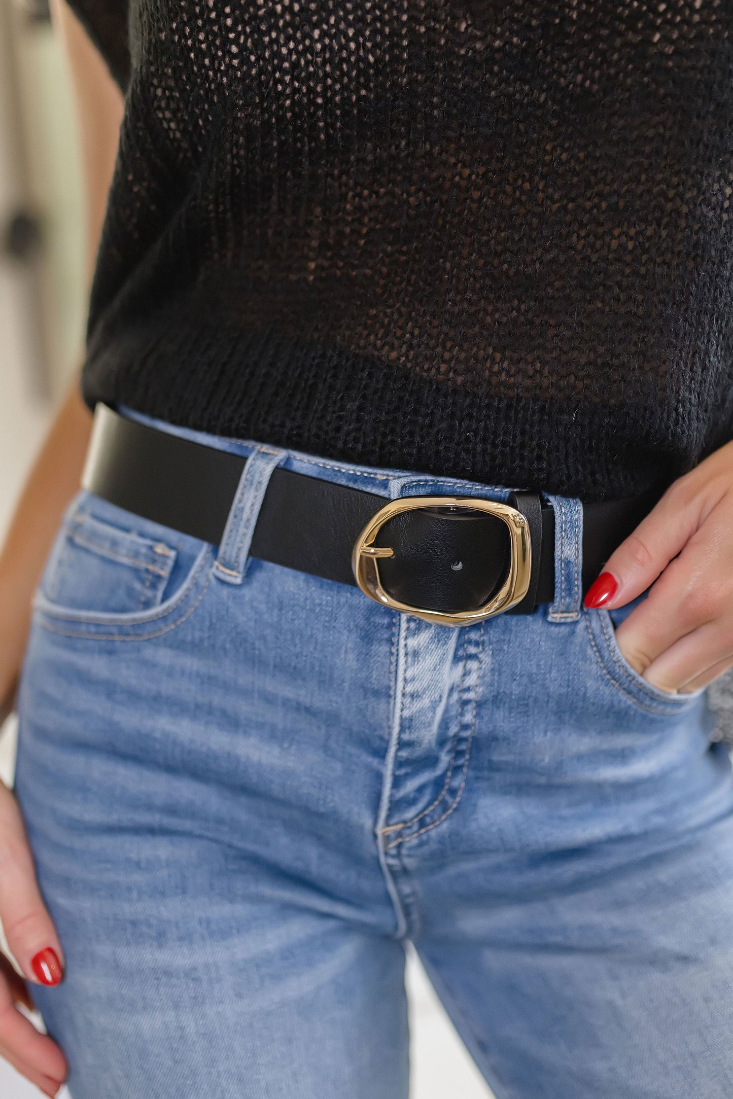 Morgan Oval Metal Buckle Vegan Leather Belt Black