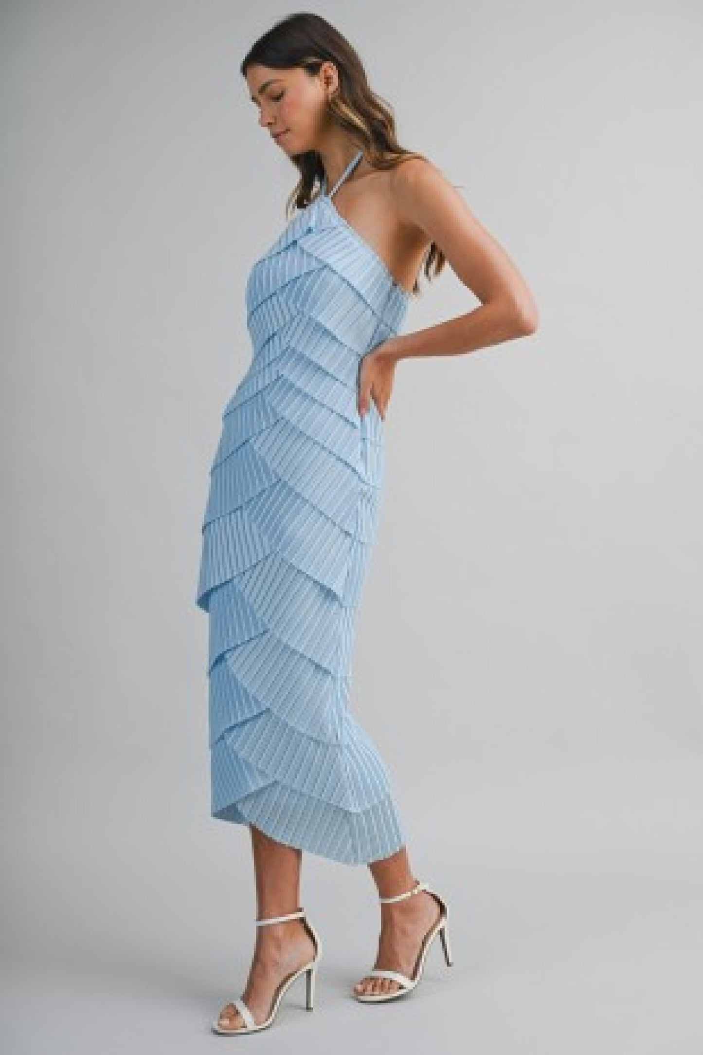Kerry Sleeveless Halter Layered Diagonal Ruffle Overlay Midi Dress Blue