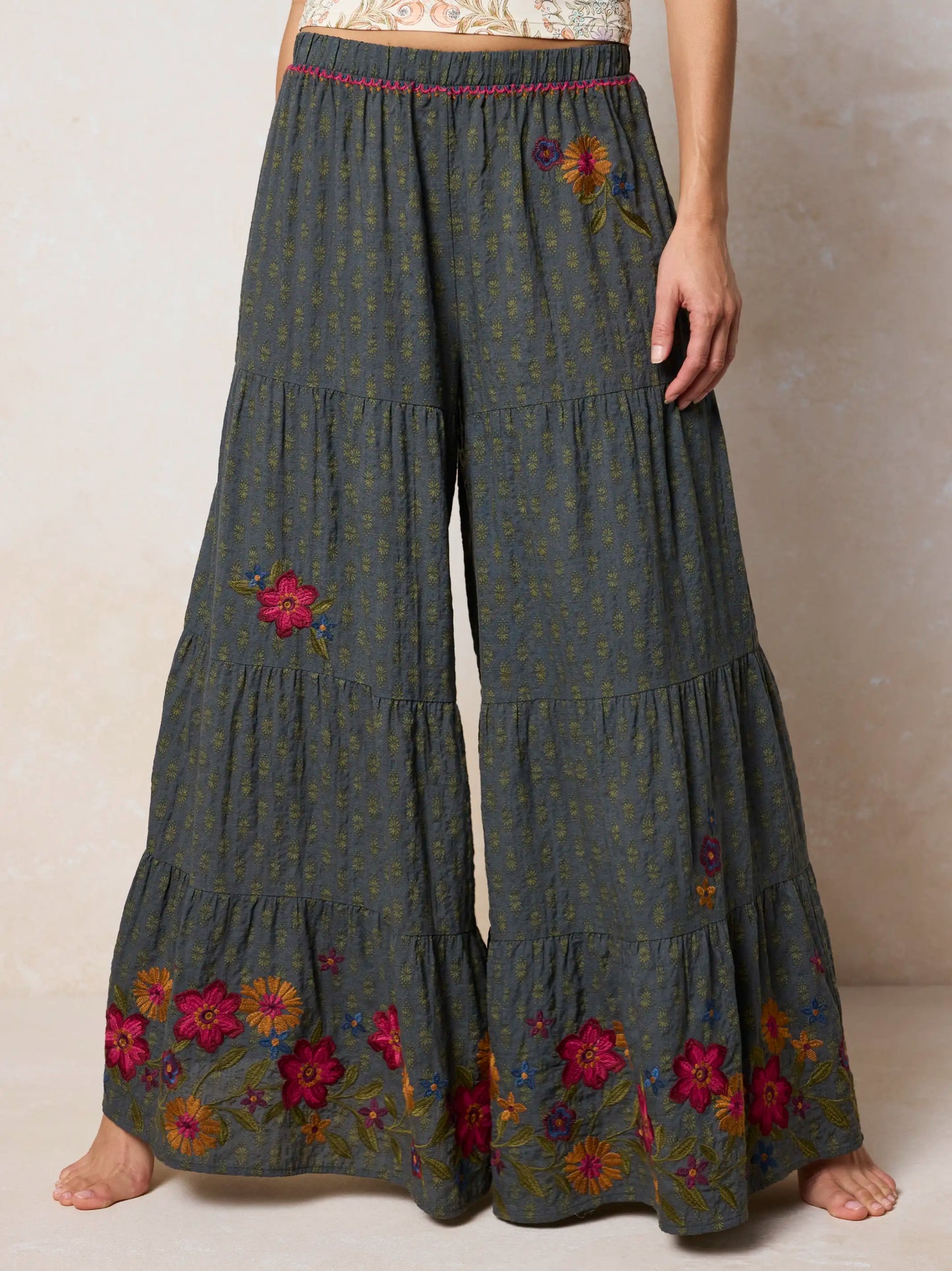 Patti Embroidered Palazzo Pants - Alma Stamp Charcoal