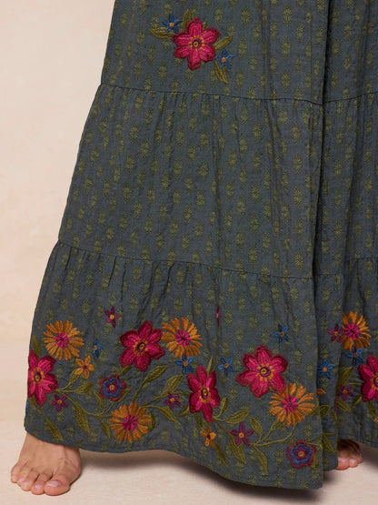 Patti Embroidered Palazzo Pants - Alma Stamp Charcoal