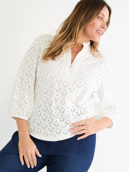 Knit Eyelet Ruffle Neck Top