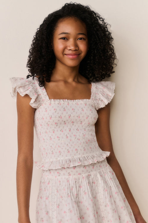 Tween Jeanna Floral Cotton Top - SUNWASHED IVORY