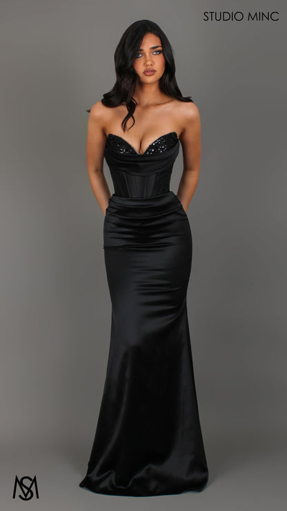 Verite - Black Formal Dress, Strapless Corset Beaded Bra Cups, fitted satin draped skirt