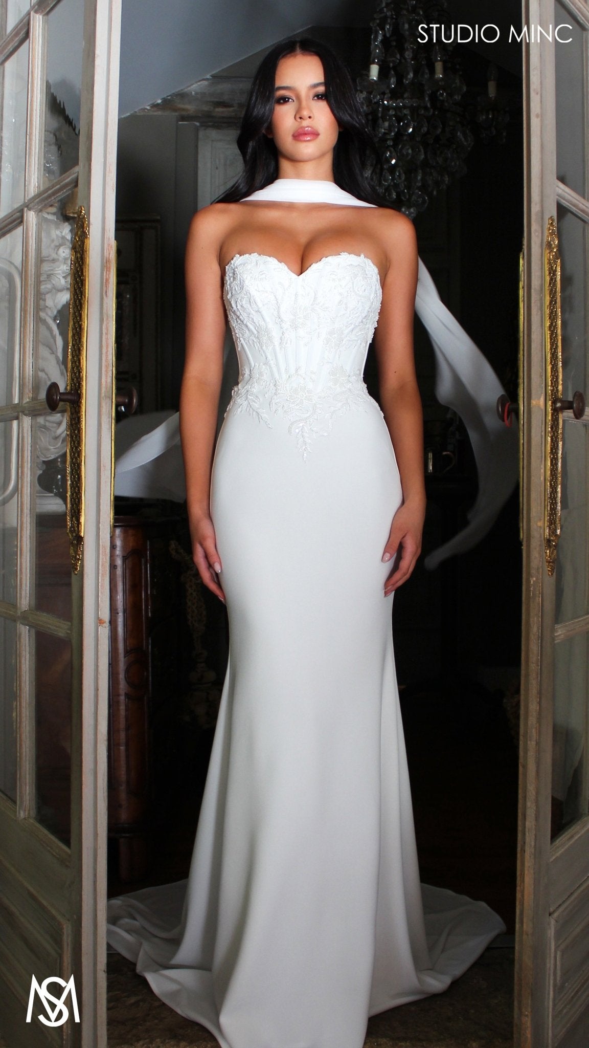 August - White Wedding Dress | Beaded Corset Fitted Mermaid Neck Scarf