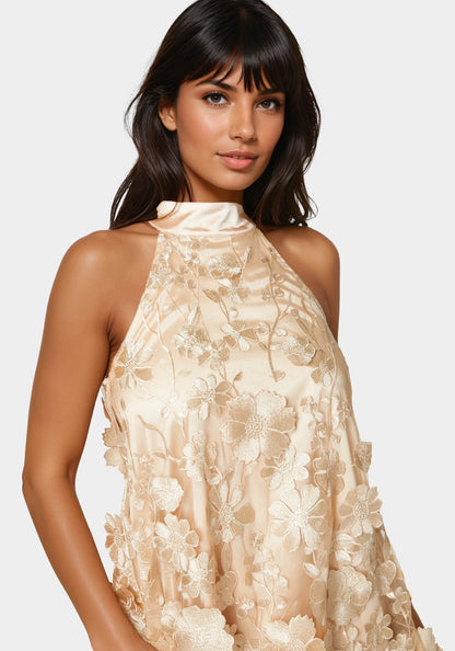 Floral Embroidered Halter Swing Dress