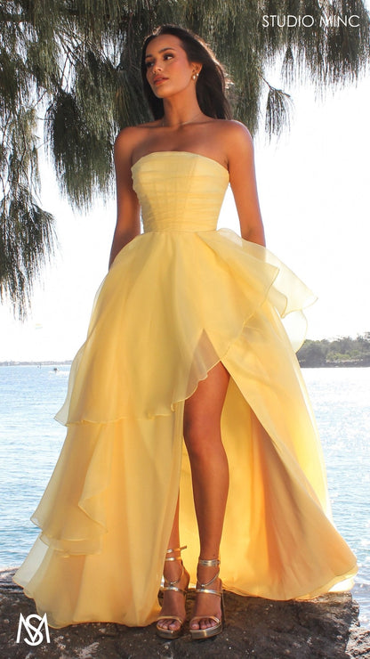 Monaco - Buttercup Yellow Formal Dress | Strapless Corset, organza layered handkerchief skirt, leg slit