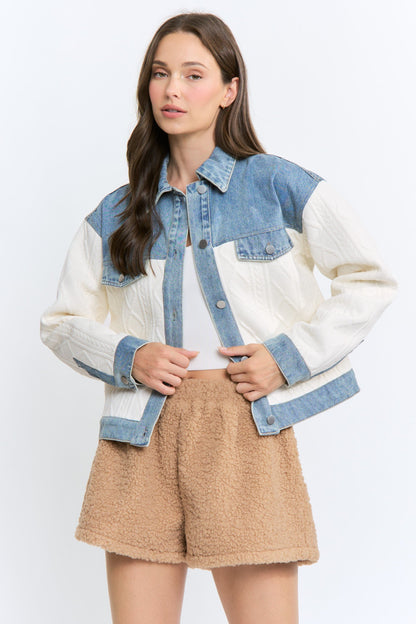Waitlist 8/25 • Vespera Long Sleeve Cable Knit Denim Trim One Size Shacket Cream Ivory