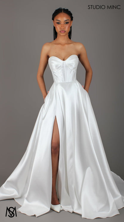 Capri - Wedding Dress | White satin strapless corset lace up gown pockets leg slit