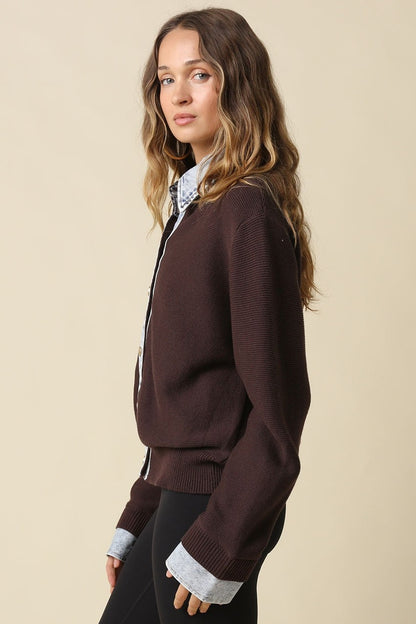 Waitlist 8/20 • Blaire Long Sleeve Button Down Contrast Denim Knit Cardigan Brown