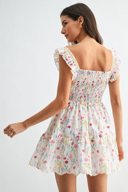 Aviva Flutter Sleeve Floral Print Mini Dress White