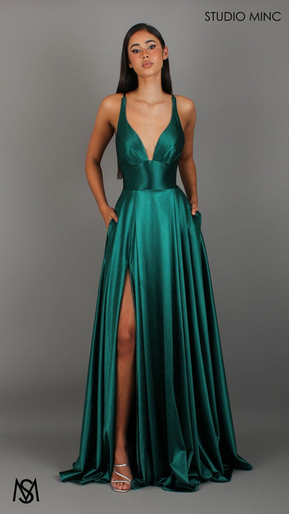 Timeless - Emerald Green formal dress | V neckline, backless A-line Satin Gown with Pockets