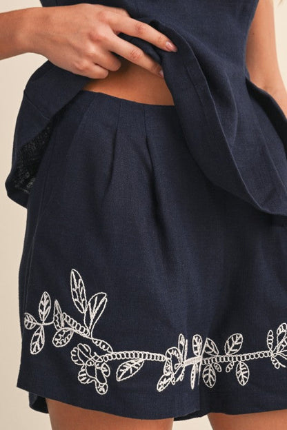 Livia Sleeveless Embroidered Floral Linen Peplum Top And Shorts Set Navy