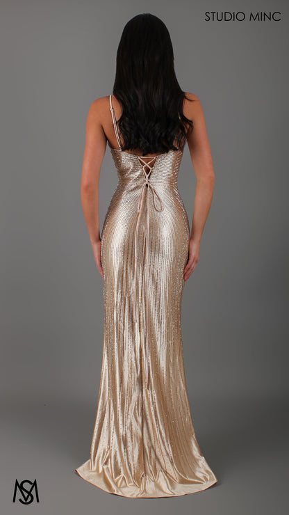 Starlight - Champagne Gold Formal Dress, Rhinestone V Plunge Neckline Fitted Mermaid Leg Split