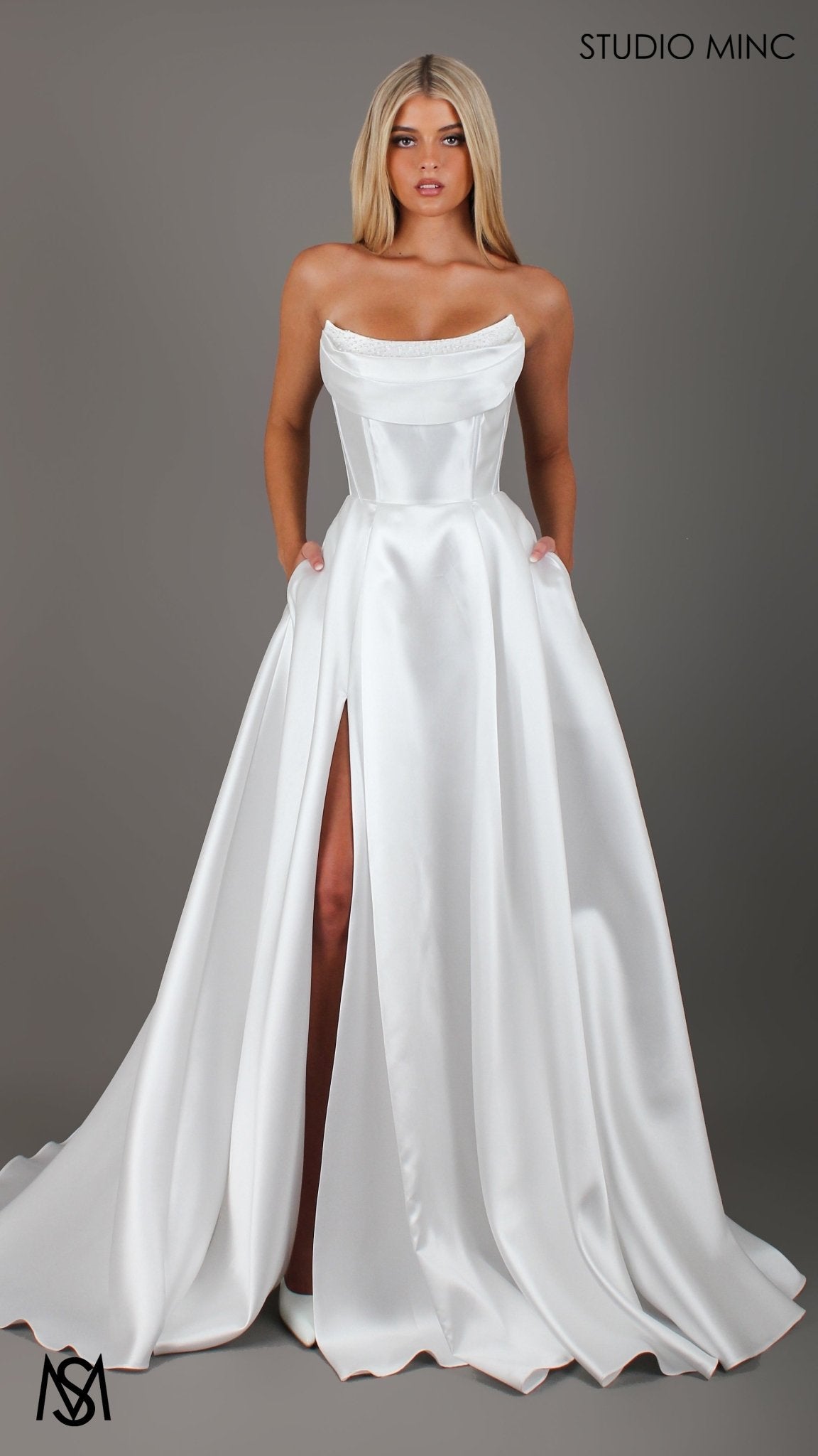 Honey -  Wedding Dress | Strapless corset pearl detail Mikado satin gown
