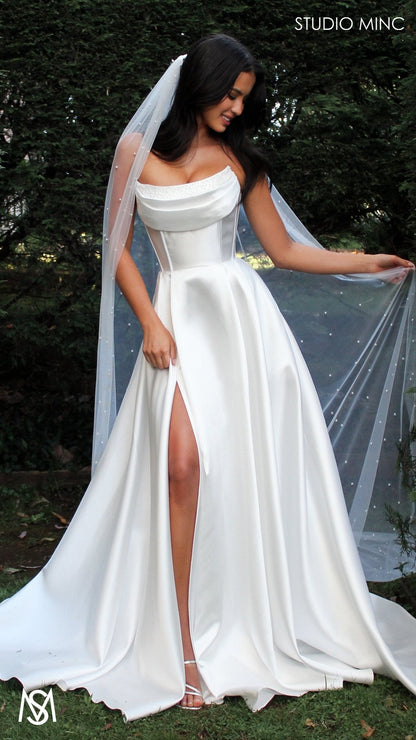 Honey -  Wedding Dress | Strapless corset pearl detail Mikado satin gown