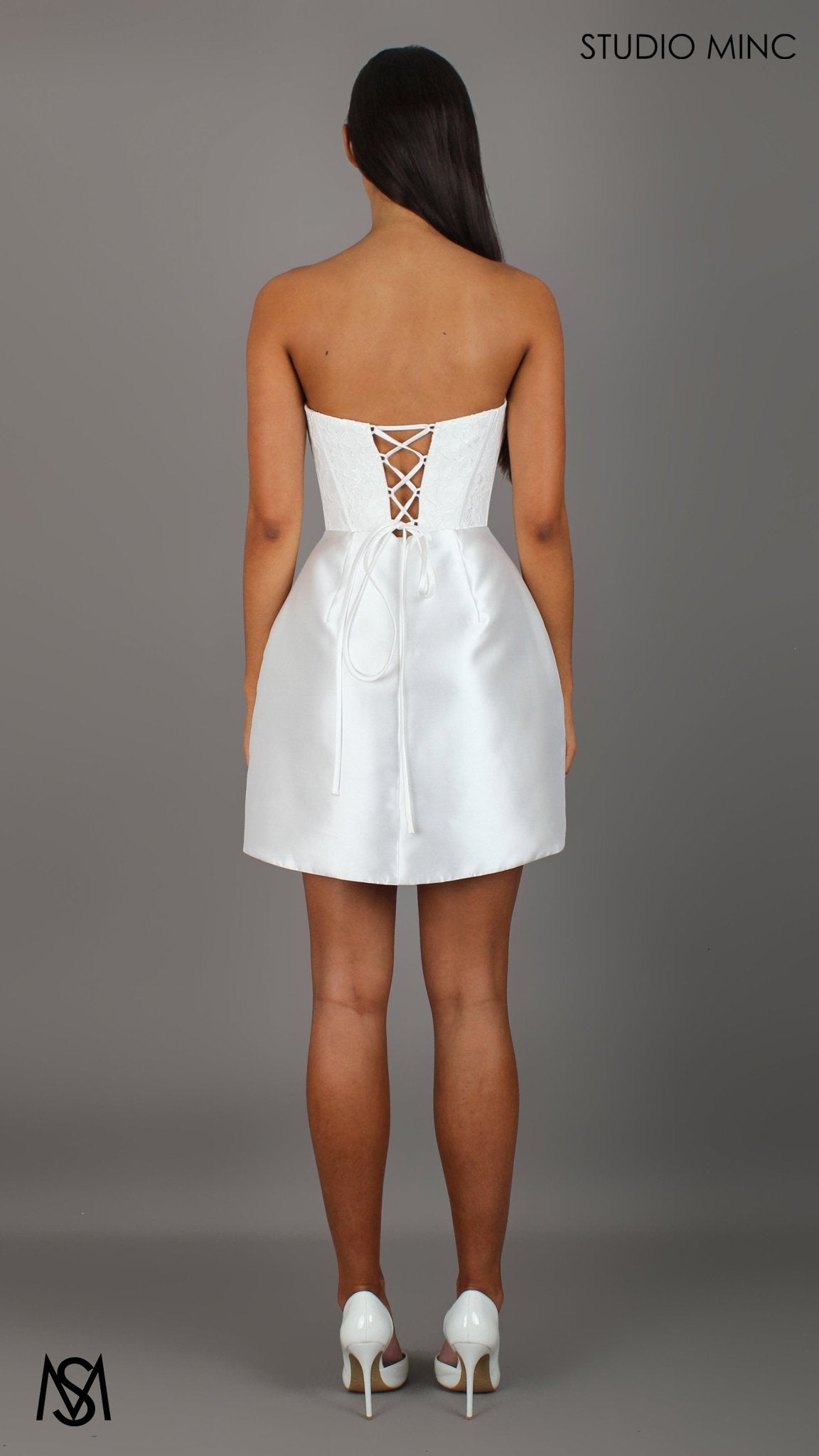 Liberty - White Bridal Mini Dress | Lace Corset, Basque Waist Satin Skirt with Bows