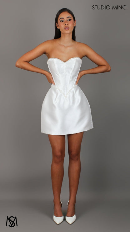 Lovestruck - White Bridal Mini Dress | Satin Corset, Pearl Heart Basque Waist Satin Skirt