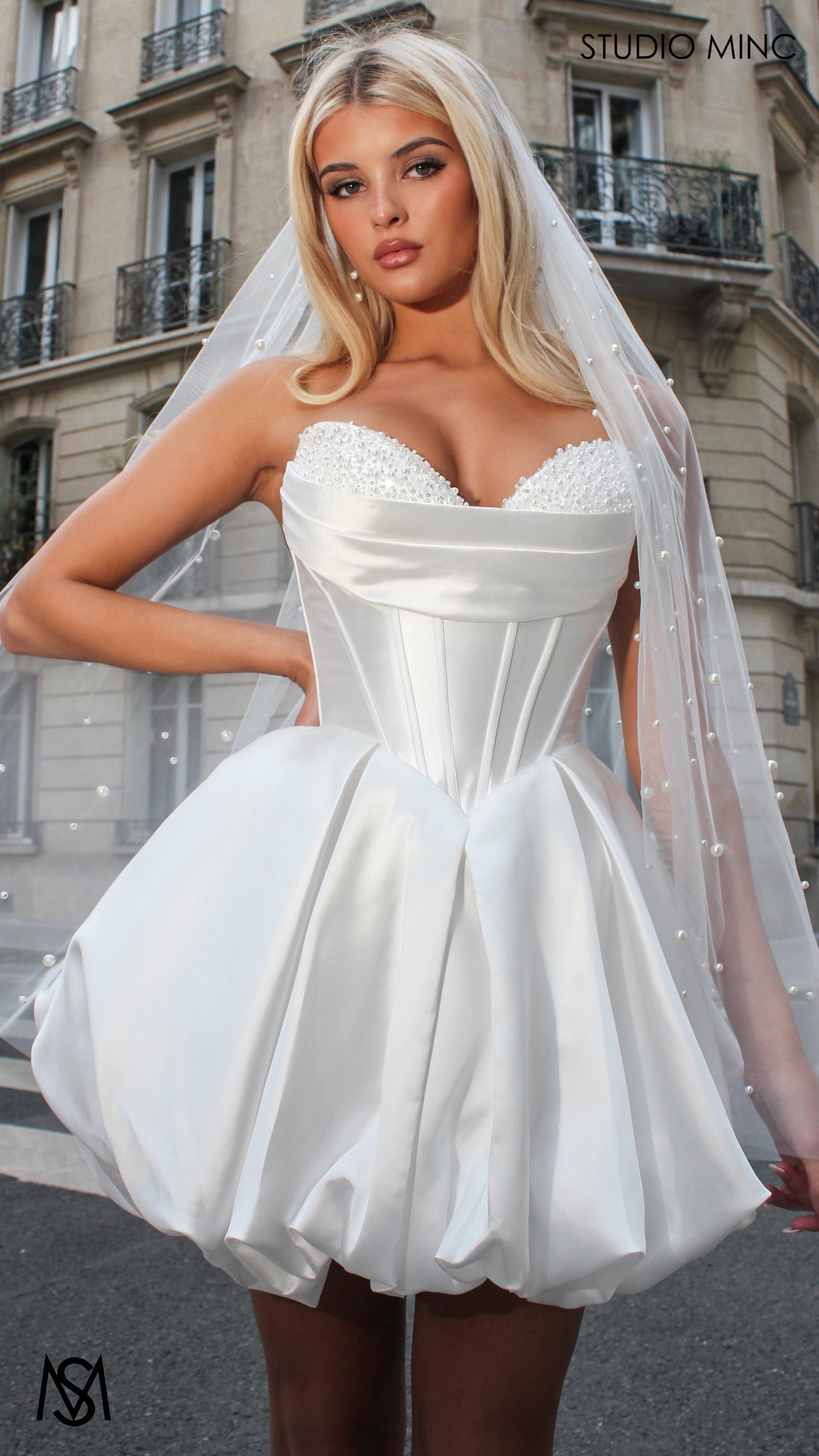 Mia - White Bridal Mini Dress | Pearl Beaded Cups, basque waist corset, Satin Bubble Party Dress