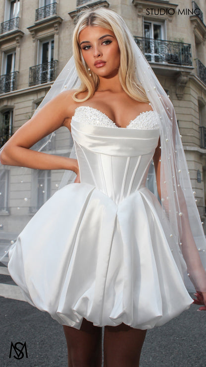 Mia - White Bridal Mini Dress | Pearl Beaded Cups, basque waist corset, Satin Bubble Party Dress