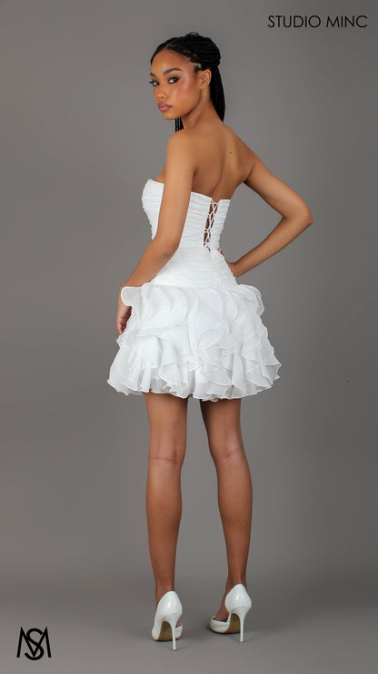 Rio - Bridal Mini | White Strapless Drop Waist Ruffle flower Bridal Mini Dress