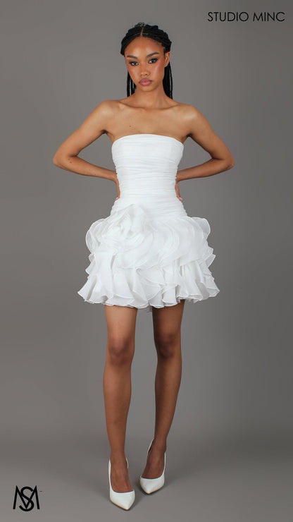 Rio - Bridal Mini | White Strapless Drop Waist Ruffle flower Bridal Mini Dress