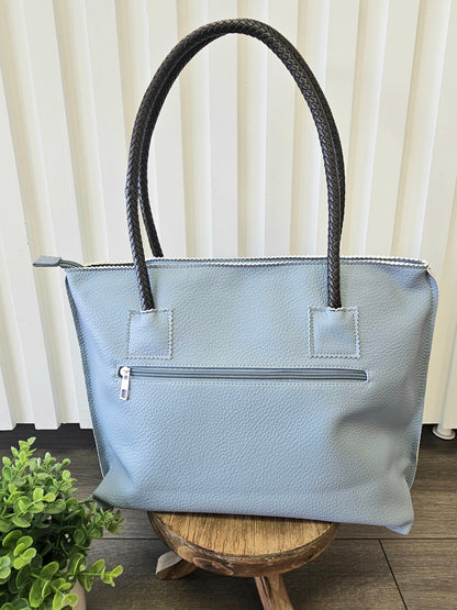 Leather Flower Temple Tote - Blue