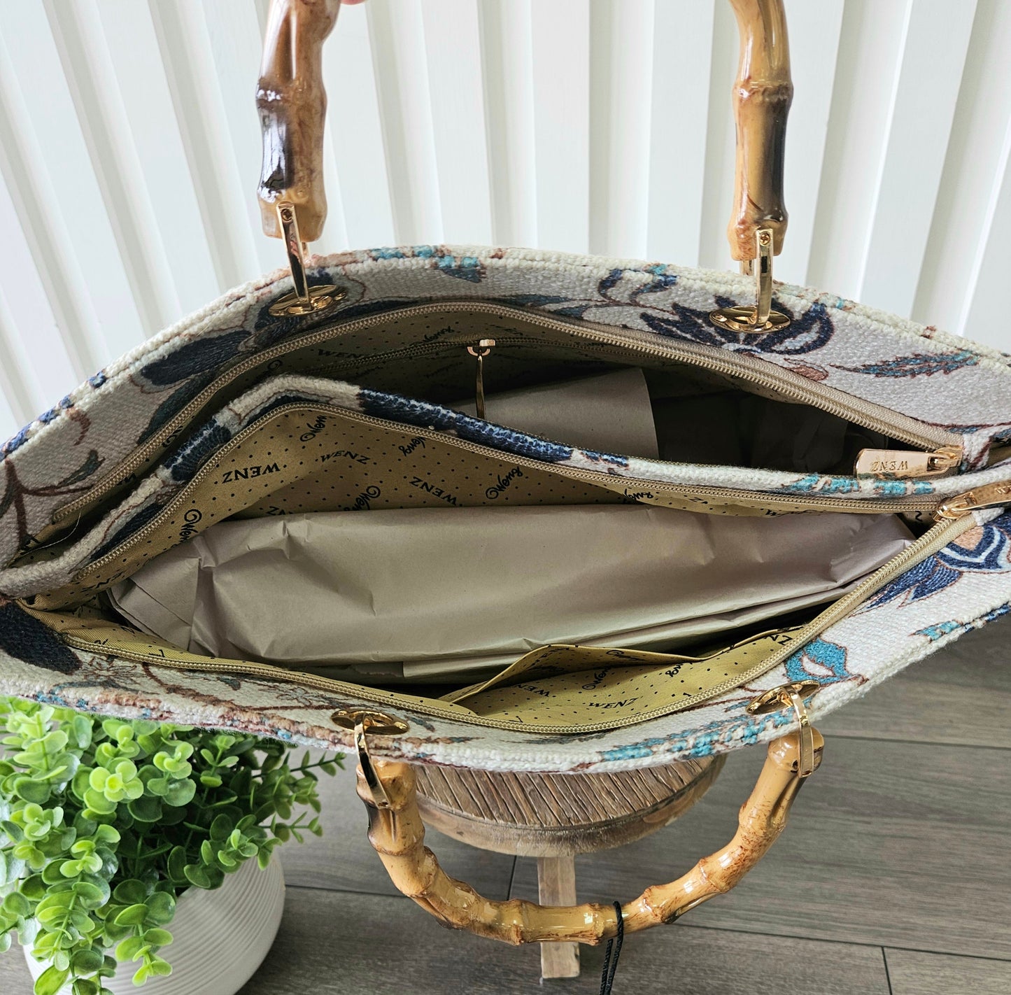 Blue Print Bag with Wood Handles