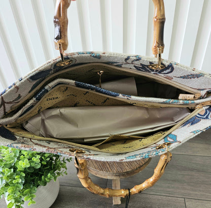 Blue Print Bag with Wood Handles