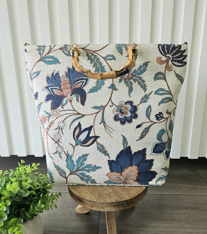 Navy Print Bag with Wood Handles